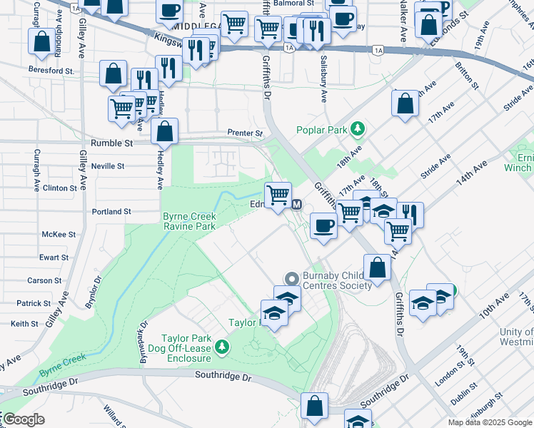 map of restaurants, bars, coffee shops, grocery stores, and more near 6837 Station Hill Drive in Burnaby