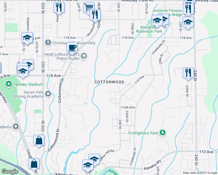 map of restaurants, bars, coffee shops, grocery stores, and more near 11523 236 Street in Maple Ridge