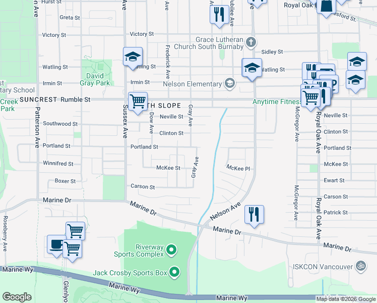 map of restaurants, bars, coffee shops, grocery stores, and more near 4638 Portland Street in Burnaby
