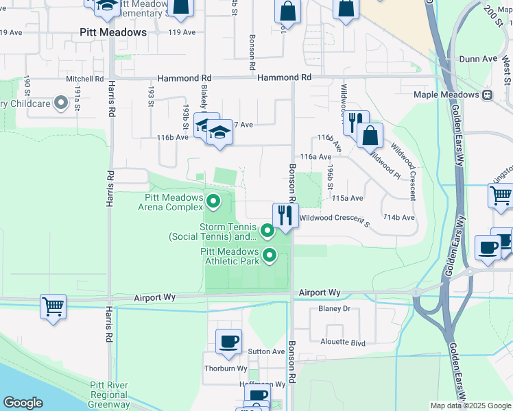 map of restaurants, bars, coffee shops, grocery stores, and more near 19520 115A Avenue in Pitt Meadows