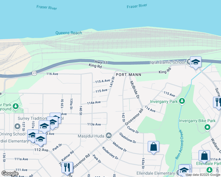 map of restaurants, bars, coffee shops, grocery stores, and more near 11505 141A Street in Surrey