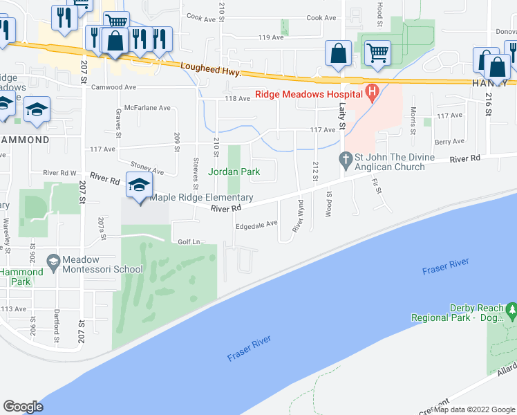 map of restaurants, bars, coffee shops, grocery stores, and more near 21090 River Road in Maple Ridge