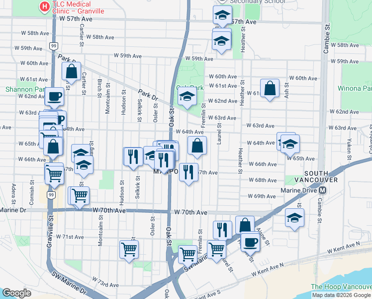 map of restaurants, bars, coffee shops, grocery stores, and more near 8121 Shaughnessy Street in Vancouver
