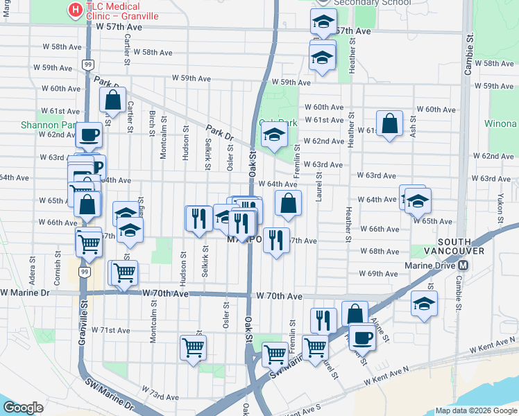 map of restaurants, bars, coffee shops, grocery stores, and more near 8080 Oak Street in Vancouver
