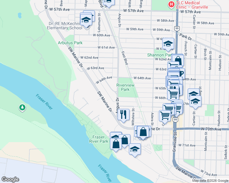map of restaurants, bars, coffee shops, grocery stores, and more near 8277 Laburnum Street in Vancouver