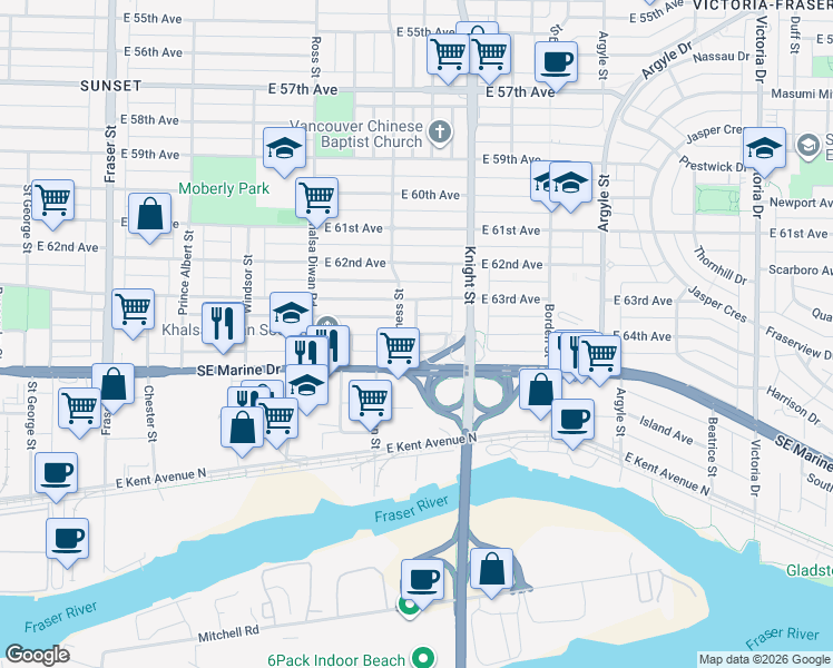 map of restaurants, bars, coffee shops, grocery stores, and more near 1328 East 64th Avenue in Vancouver