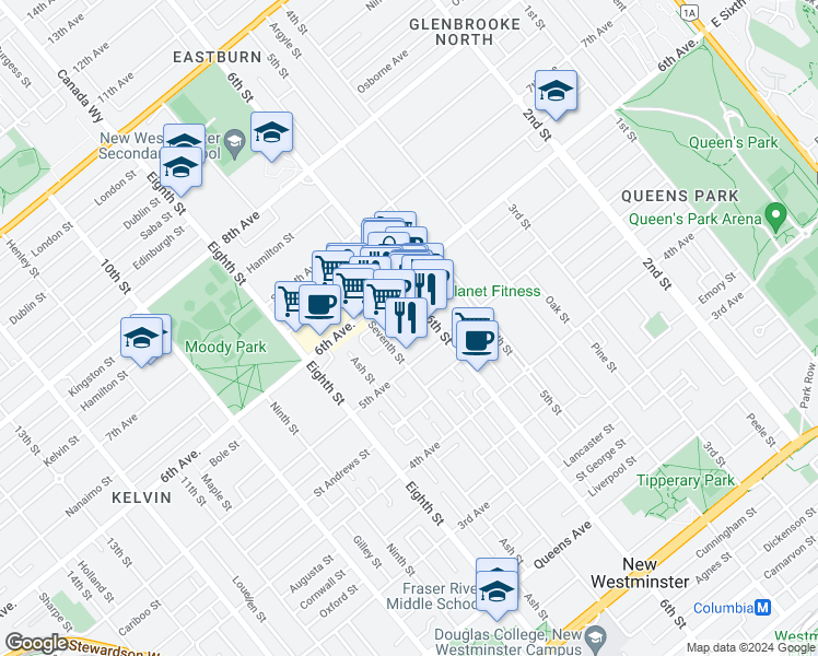 map of restaurants, bars, coffee shops, grocery stores, and more near 608 Belmont Street in New Westminster