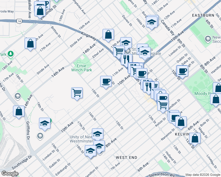 map of restaurants, bars, coffee shops, grocery stores, and more near 7309 Tenth Avenue in Burnaby