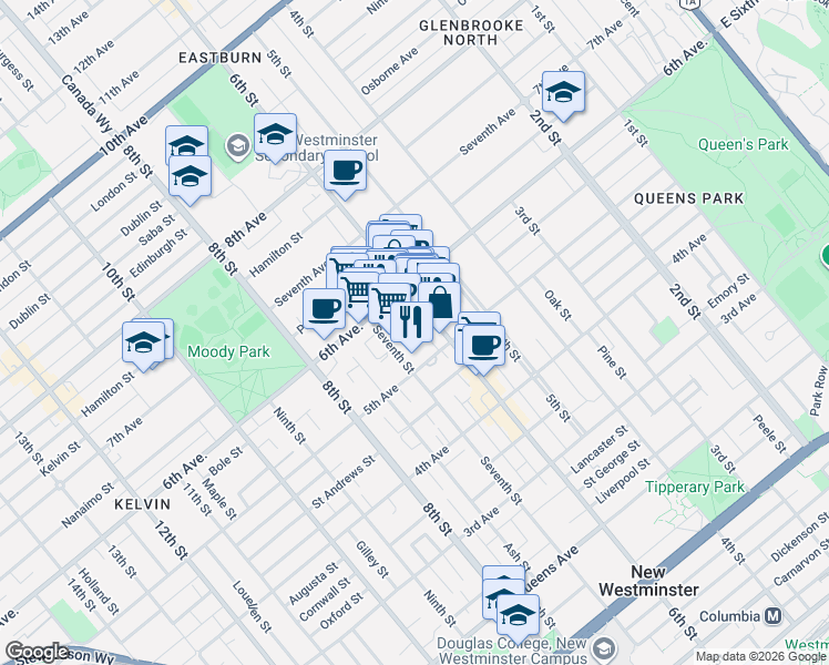 map of restaurants, bars, coffee shops, grocery stores, and more near 608 Belmont Street in New Westminster