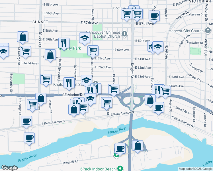 map of restaurants, bars, coffee shops, grocery stores, and more near in Vancouver