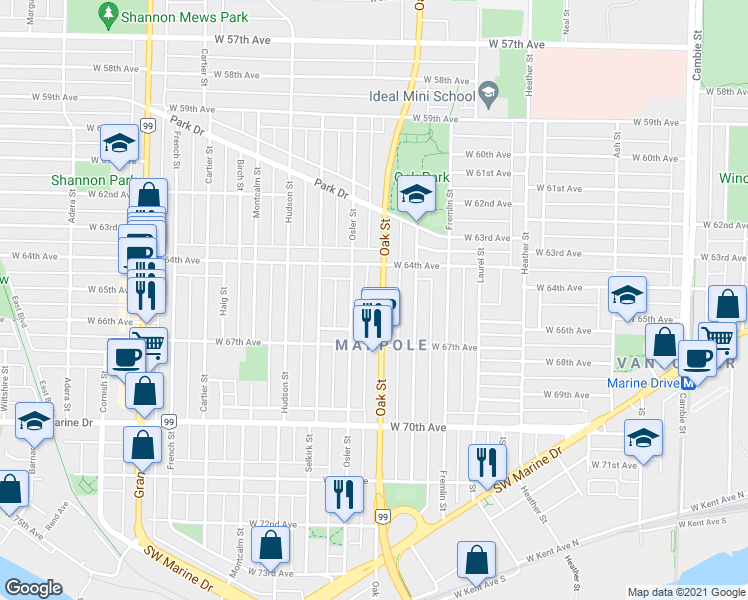 map of restaurants, bars, coffee shops, grocery stores, and more near in Vancouver