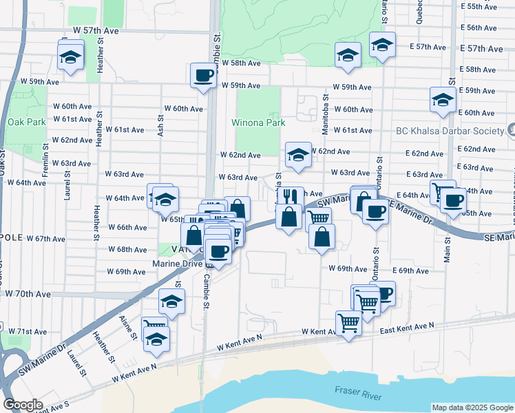 map of restaurants, bars, coffee shops, grocery stores, and more near 8080 Yukon Street in Vancouver