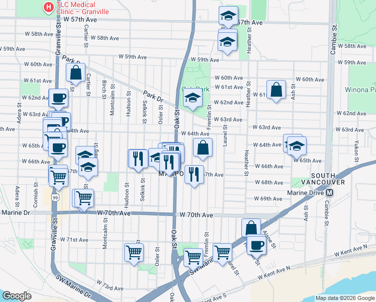 map of restaurants, bars, coffee shops, grocery stores, and more near 8121 Shaughnessy Street in Vancouver