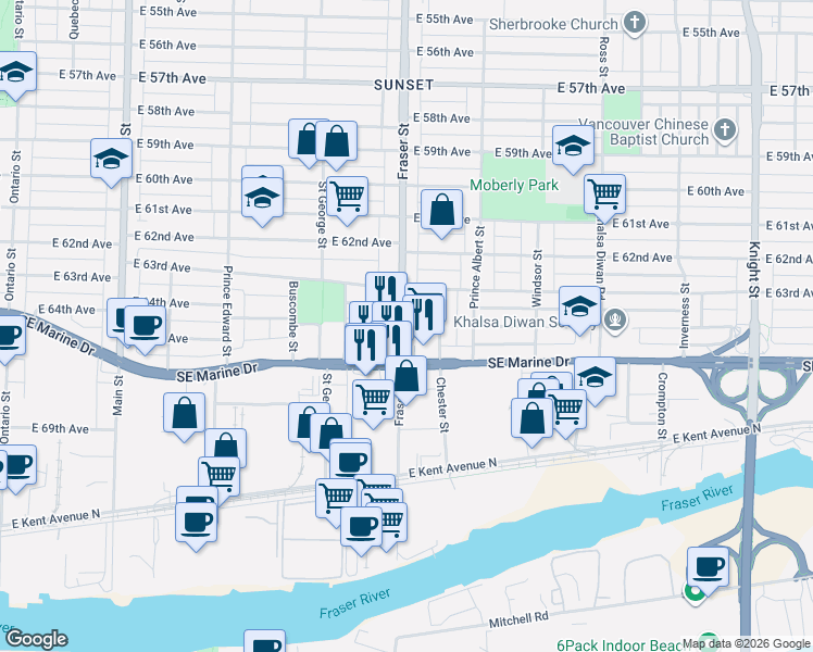 map of restaurants, bars, coffee shops, grocery stores, and more near 8138 Fraser Street in Vancouver