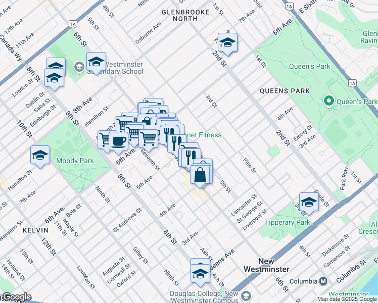 map of restaurants, bars, coffee shops, grocery stores, and more near 506 5th Avenue in New Westminster