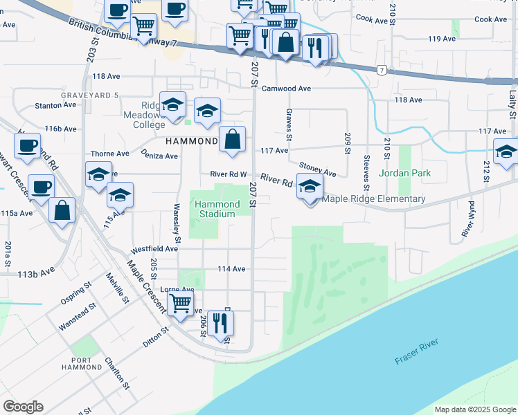 map of restaurants, bars, coffee shops, grocery stores, and more near 11534 207 Street in Maple Ridge