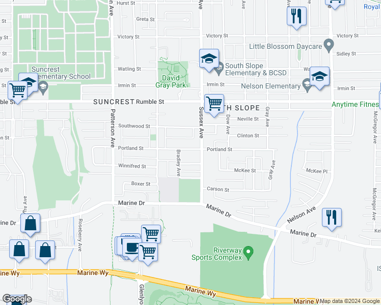 map of restaurants, bars, coffee shops, grocery stores, and more near 4376 Portland Street in Burnaby