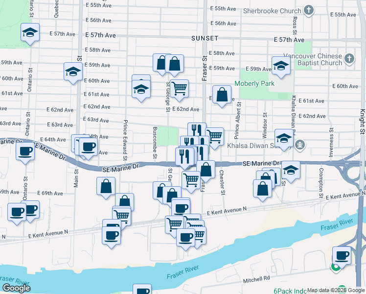 map of restaurants, bars, coffee shops, grocery stores, and more near 621 East 65th Avenue in Vancouver