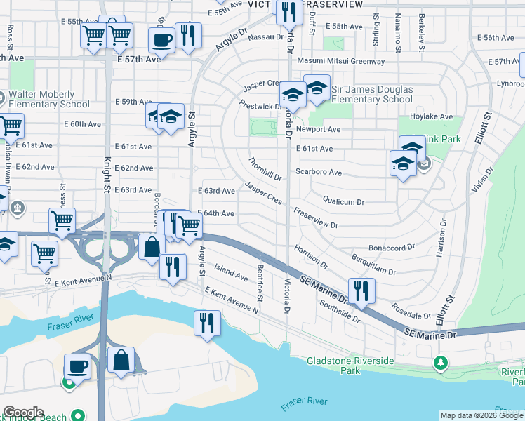 map of restaurants, bars, coffee shops, grocery stores, and more near 1909 East 64th Avenue in Vancouver