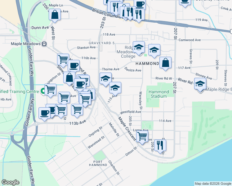 map of restaurants, bars, coffee shops, grocery stores, and more near 20373 115 Avenue in Maple Ridge