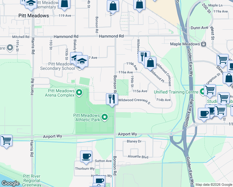 map of restaurants, bars, coffee shops, grocery stores, and more near in Pitt Meadows