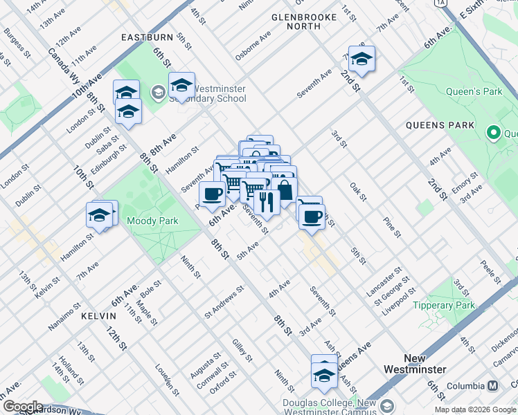 map of restaurants, bars, coffee shops, grocery stores, and more near in New Westminster