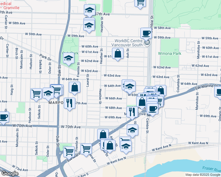 map of restaurants, bars, coffee shops, grocery stores, and more near 766 West 64th Avenue in Vancouver
