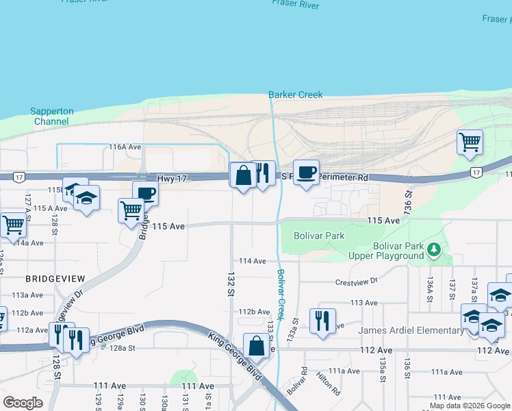 map of restaurants, bars, coffee shops, grocery stores, and more near 11538 132A Street in Surrey
