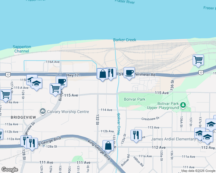 map of restaurants, bars, coffee shops, grocery stores, and more near 11538 132A Street in Surrey