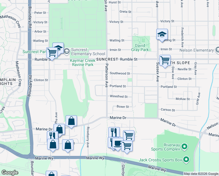 map of restaurants, bars, coffee shops, grocery stores, and more near 7910 Patterson Avenue in Burnaby