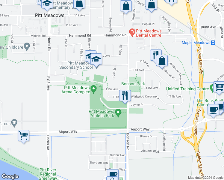 map of restaurants, bars, coffee shops, grocery stores, and more near 19520 115A Avenue in Pitt Meadows