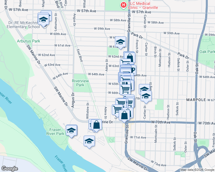 map of restaurants, bars, coffee shops, grocery stores, and more near 1598 West 65th Avenue in Vancouver