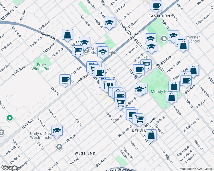map of restaurants, bars, coffee shops, grocery stores, and more near 841 12th Street in New Westminster