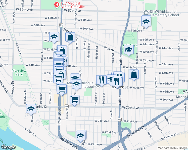 map of restaurants, bars, coffee shops, grocery stores, and more near 8119 Hudson Street in Vancouver