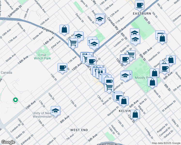 map of restaurants, bars, coffee shops, grocery stores, and more near 888 12th Street in New Westminster