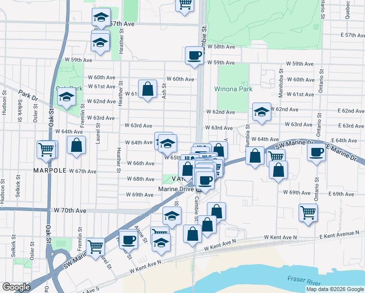 map of restaurants, bars, coffee shops, grocery stores, and more near in Vancouver