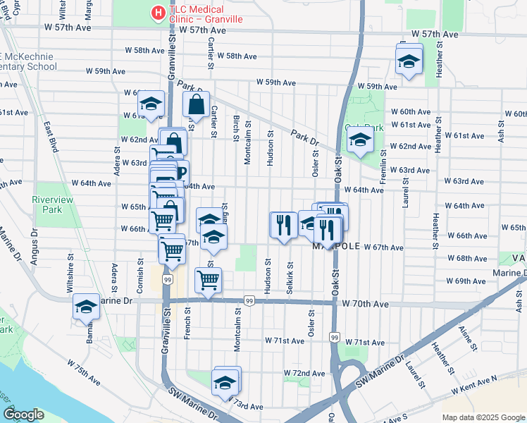 map of restaurants, bars, coffee shops, grocery stores, and more near 8119 Hudson Street in Vancouver