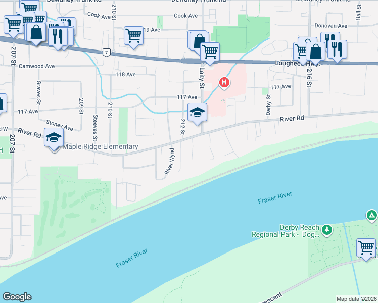 map of restaurants, bars, coffee shops, grocery stores, and more near 11530 Wood Street in Maple Ridge
