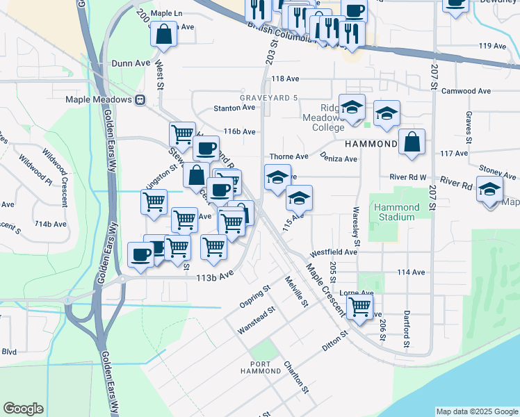 map of restaurants, bars, coffee shops, grocery stores, and more near 23195 113B Avenue in Maple Ridge