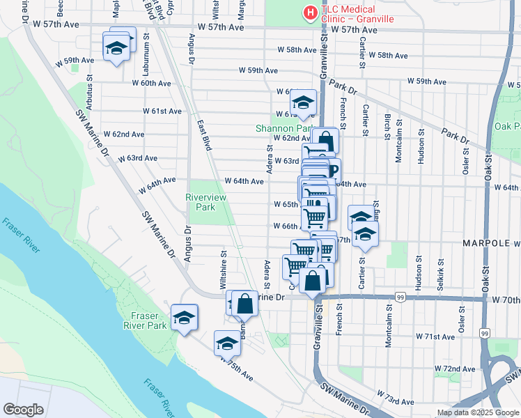 map of restaurants, bars, coffee shops, grocery stores, and more near 1622 West 65th Avenue in Vancouver