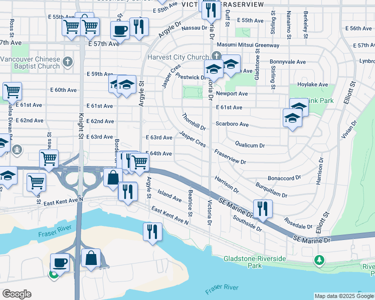 map of restaurants, bars, coffee shops, grocery stores, and more near 1877 East 64th Avenue in Vancouver