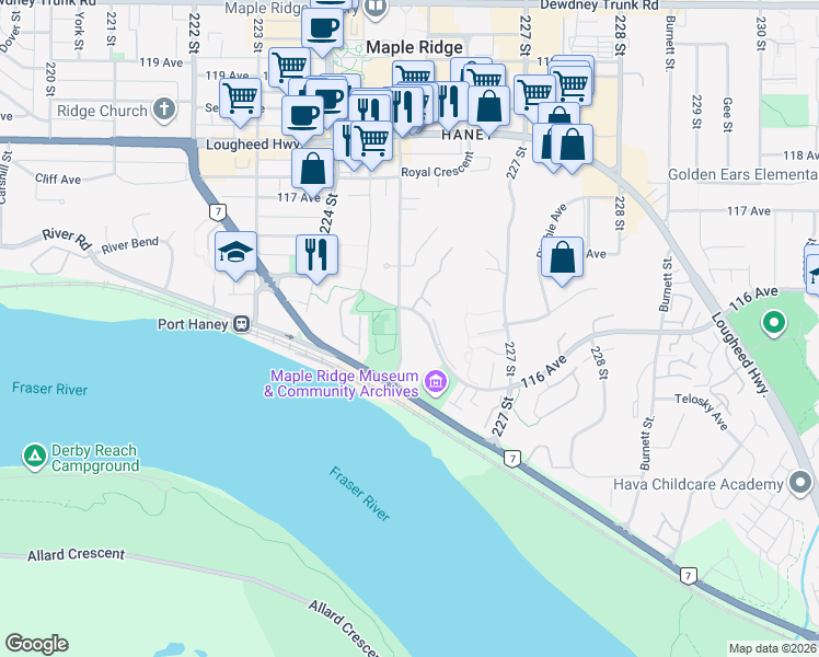 map of restaurants, bars, coffee shops, grocery stores, and more near in Maple Ridge