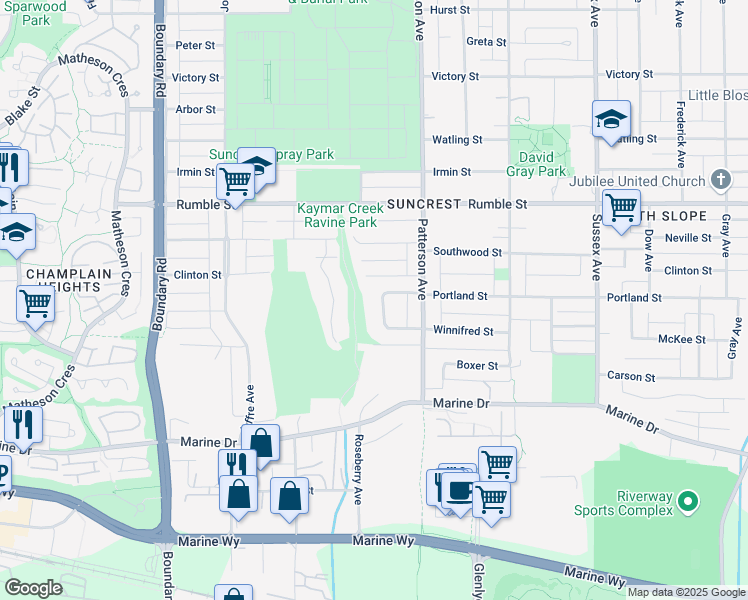 map of restaurants, bars, coffee shops, grocery stores, and more near 7933 Suncrest Drive in Burnaby