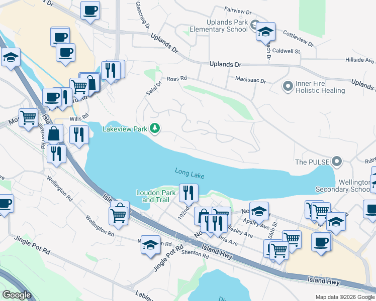 map of restaurants, bars, coffee shops, grocery stores, and more near 211 Ferntree Place in Nanaimo