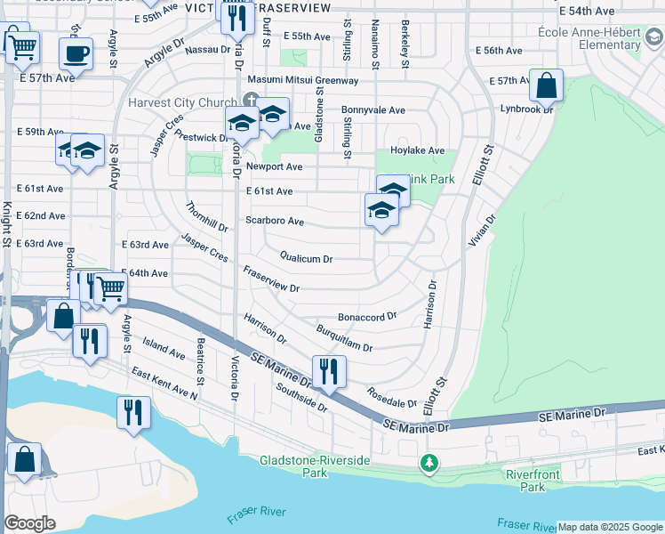 map of restaurants, bars, coffee shops, grocery stores, and more near 2218 Qualicum Drive in Vancouver