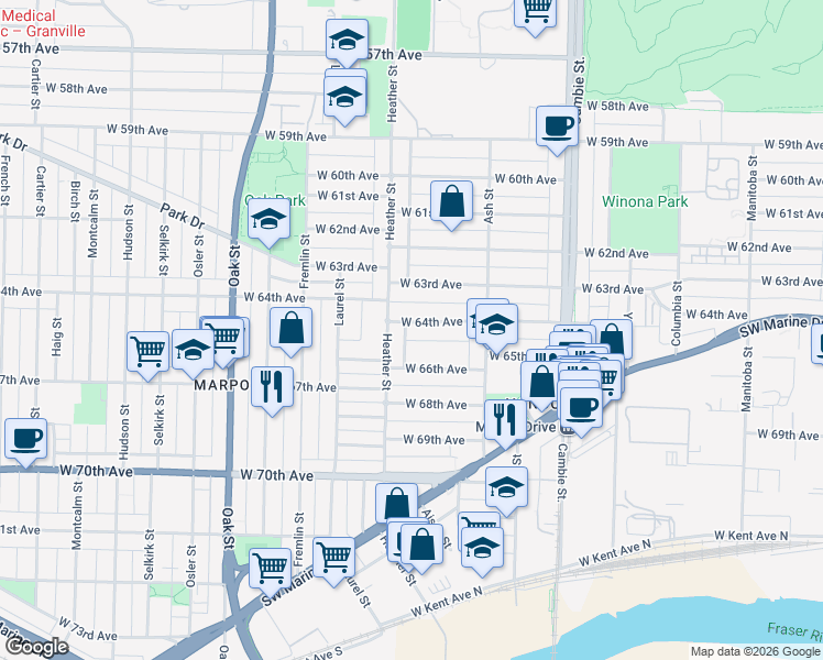 map of restaurants, bars, coffee shops, grocery stores, and more near 788 West 64th Avenue in Vancouver