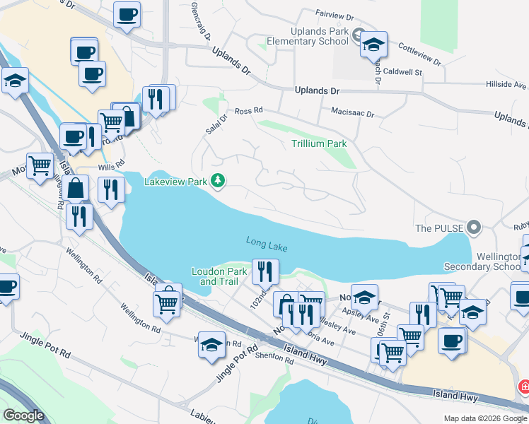 map of restaurants, bars, coffee shops, grocery stores, and more near 211 Ferntree Place in Nanaimo