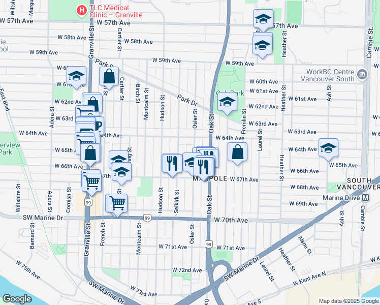 map of restaurants, bars, coffee shops, grocery stores, and more near 8107 Osler Street in Vancouver
