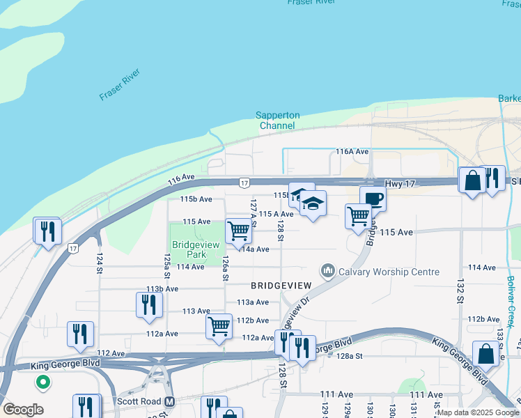 map of restaurants, bars, coffee shops, grocery stores, and more near 12751 115 A Avenue in Surrey