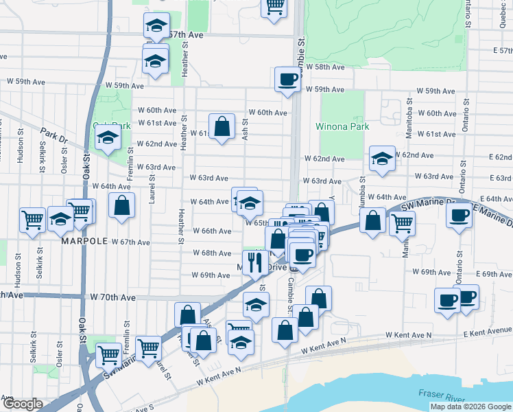 map of restaurants, bars, coffee shops, grocery stores, and more near 580 West 64th Avenue in Vancouver
